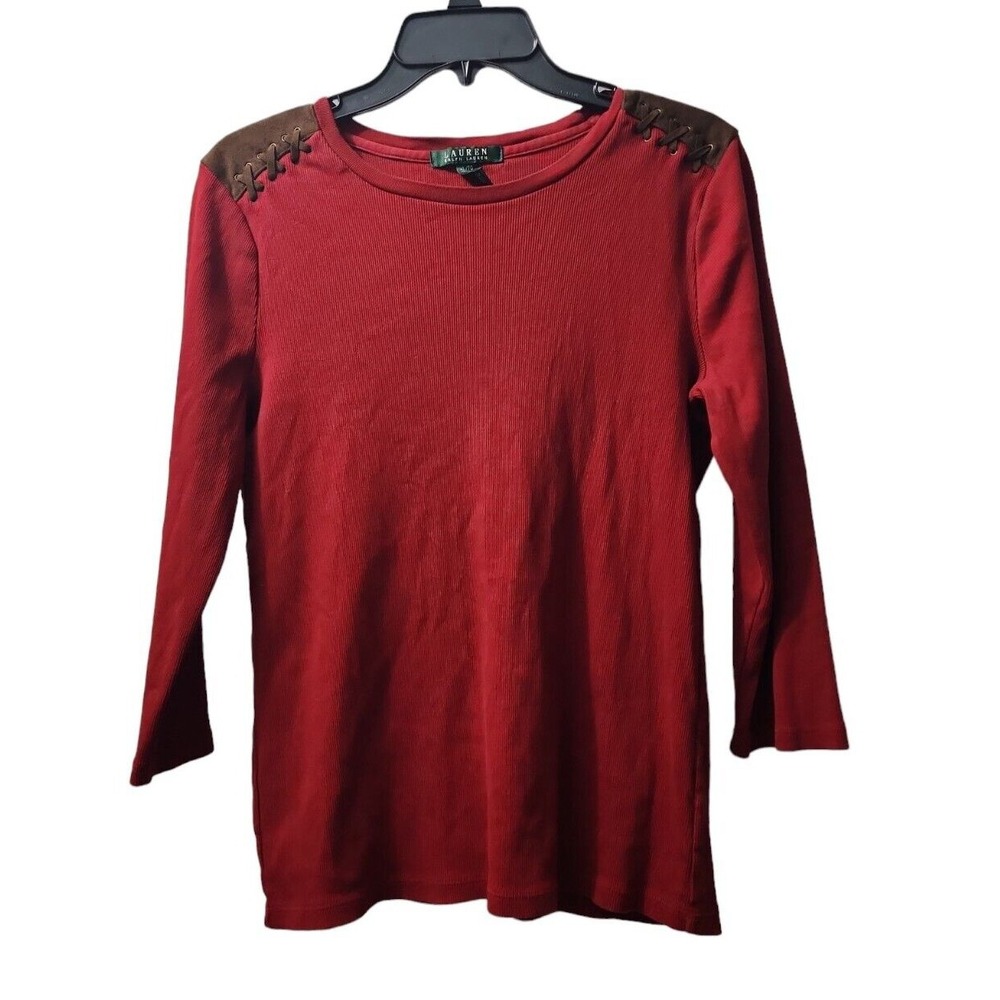 Lauren‎ Ralph Lauren Long Sleeve Top Brown Shoulder Detail Ribbed XL